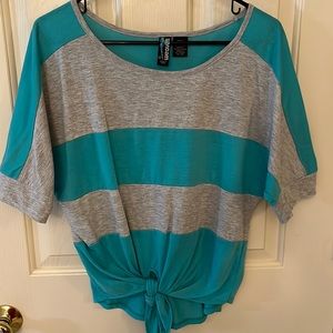 Girls shirt, teal and grey stripe